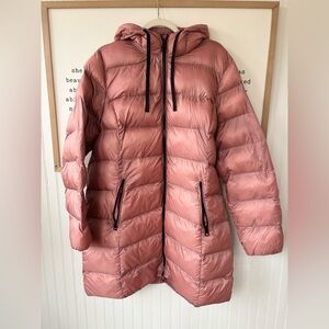 Pink puffer calf length coat